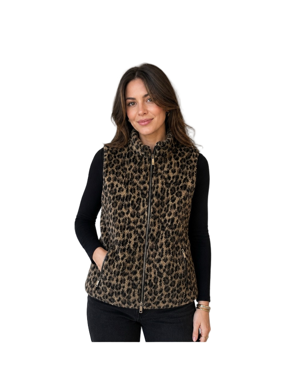 Calvin Klein Leopard-Print Faux Fur Zip Vest in Brown and Black